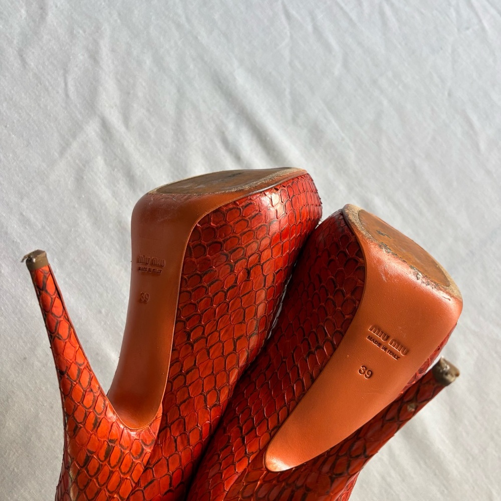 Miu Miu Python Embossed Peep Toe Platform Heels O… - image 7